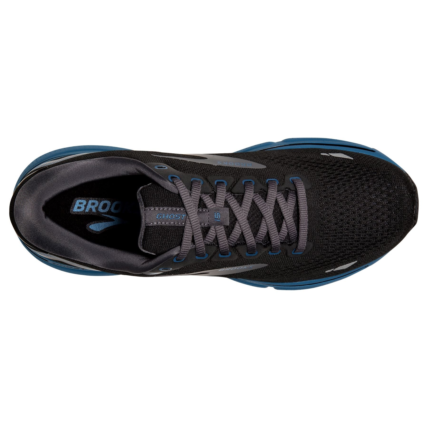 Top view of the Men's Ghost 15 by Brooks in the color Black/Blackened Pearl/Blue