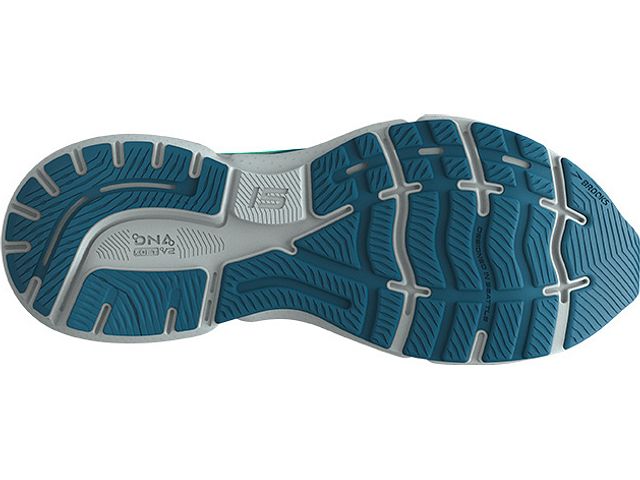 Bottom (outer sole) view of the Men's Ghost 15 by Brook's in the color Moroccan Blue/Black/Spring Bud