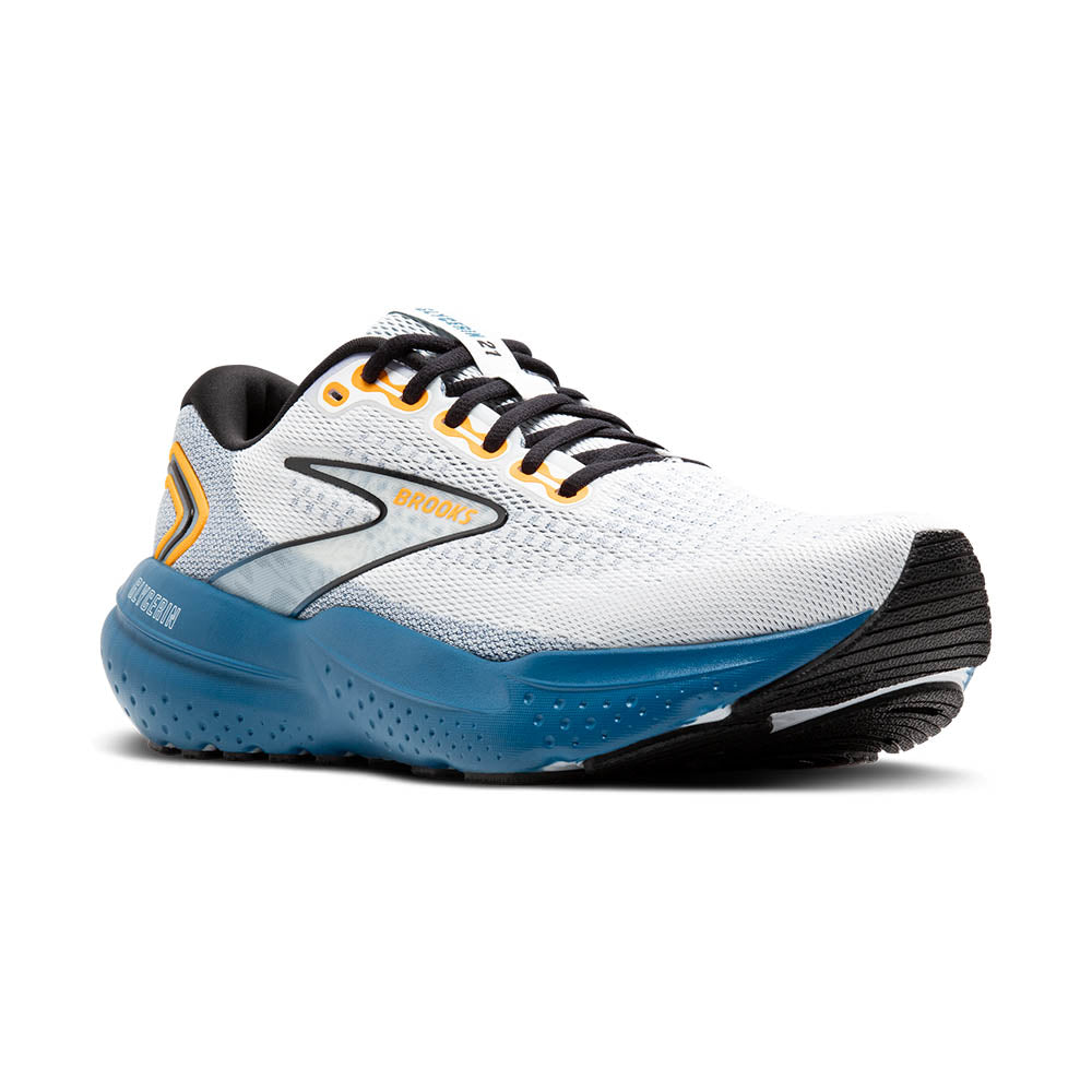 These Brooks running shoes are mostly white on the upper with a blue midsole