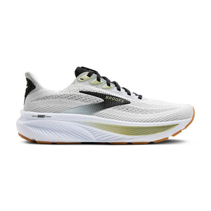 This Ghost 17 has a white upper and midsole with black and green accents. 