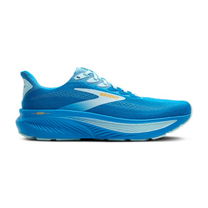 Blue men's running shoe from Brooks with white accents on a white background