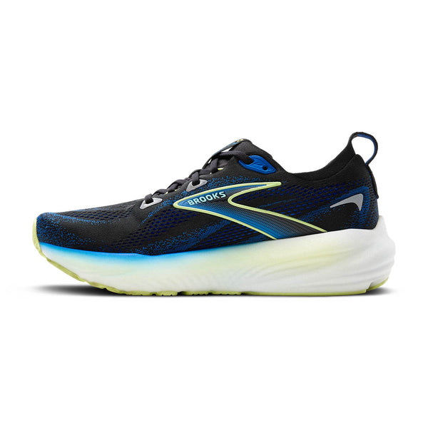 A Cobalt blue and black ombre Brooks logo is in the middle of the upper on both sides. 