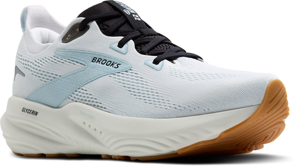 The Brooks Glycerin lateral view has an off grey midsole with dark laces.