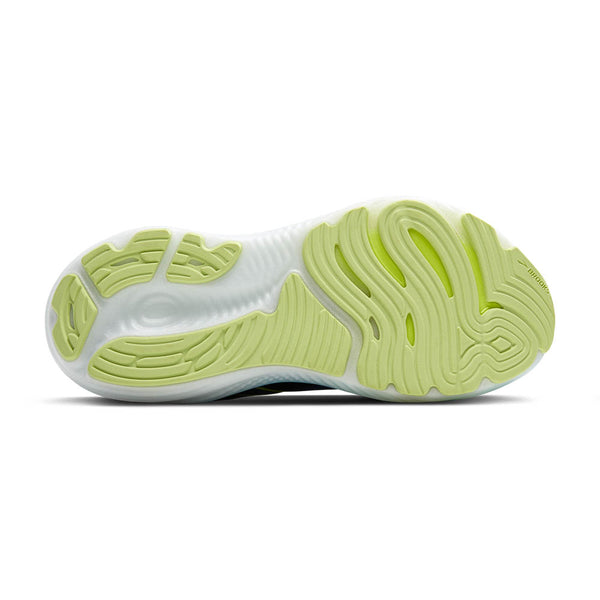 The sole isa bright pop of green on a dark shoe.