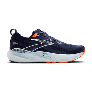 Men's navy running shoe with orange accents on a white background.