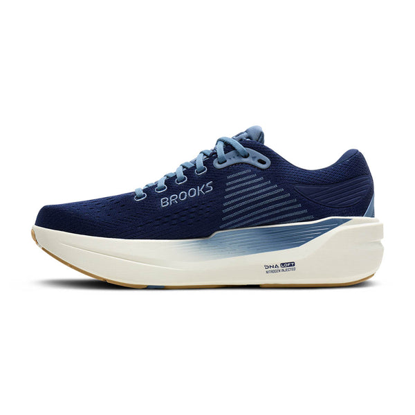 Blue running shoe with white sole on a white background