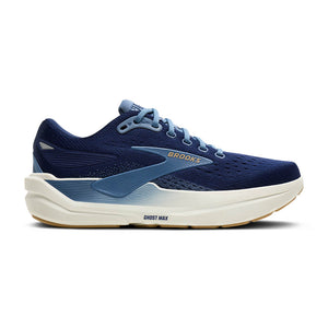 Navy brooks running shoe with white sole on a white background.