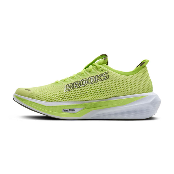 Lime green running shoe with 'Brooks' branding and a whtie midsole.