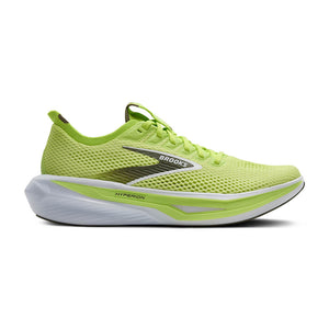 Limie green Brooks running shoe with white sole on a white background