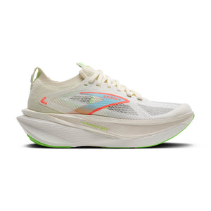 Men's Brooks white running shoe with colorful accents on a white background.