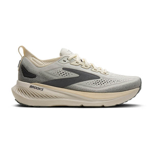 A men's Brooks Glycerin 23 running shoe with a mostly cream and grey colors.