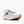 White running shoe with brown sole on a white background