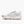 Medial side of a white athletic shoe with brown sole on a white background