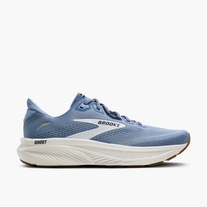 A Brooks Ghost running shoe in light blue and white, shown from a side profile view against a clean white background.