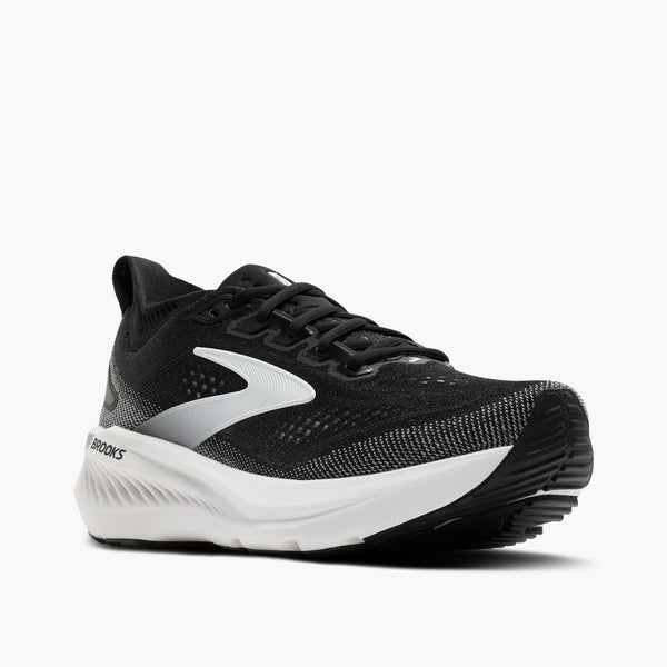 A white and black Brooks ombre logo is in the middle of the upper on the lateral side. 