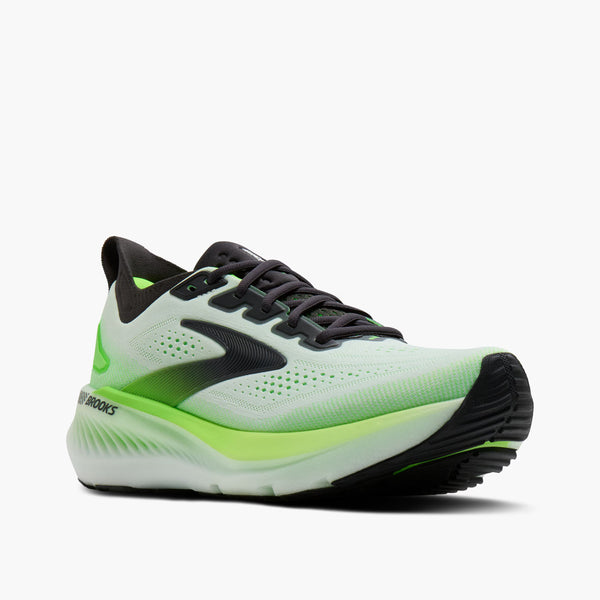 A black and green ombre Brooks logo is in the middle of the upper on the lateral side. 