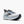 White running shoe with black and blue accents on a white background