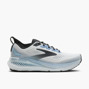 White running shoe with black and blue accents on a white background
