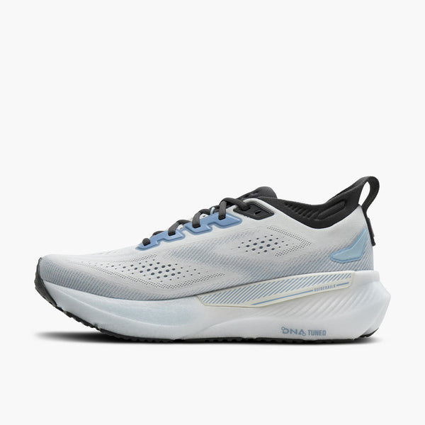 White running shoe with black and blue accents on a white background