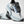 White and black athletic shoes with blue accents on a white background