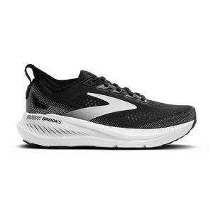 A black and white Brooks Glycerin 23 with teh large logo right in the middle of the shoe.