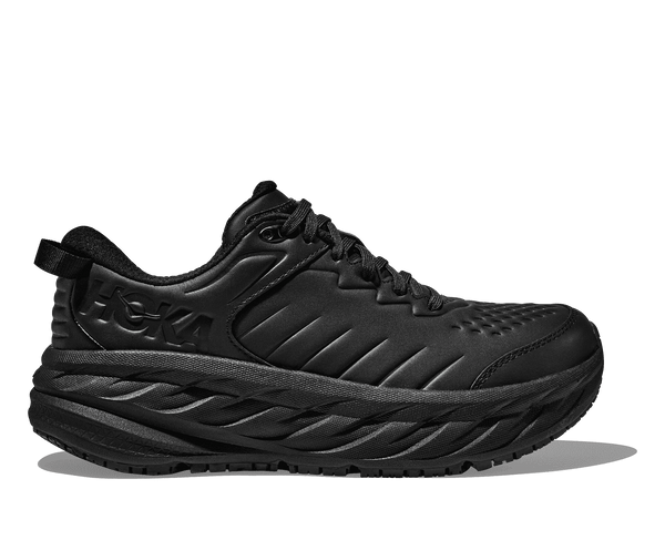 Men's Hoka Bondi SR in all black colors from the top to teh bottom of the shoe.