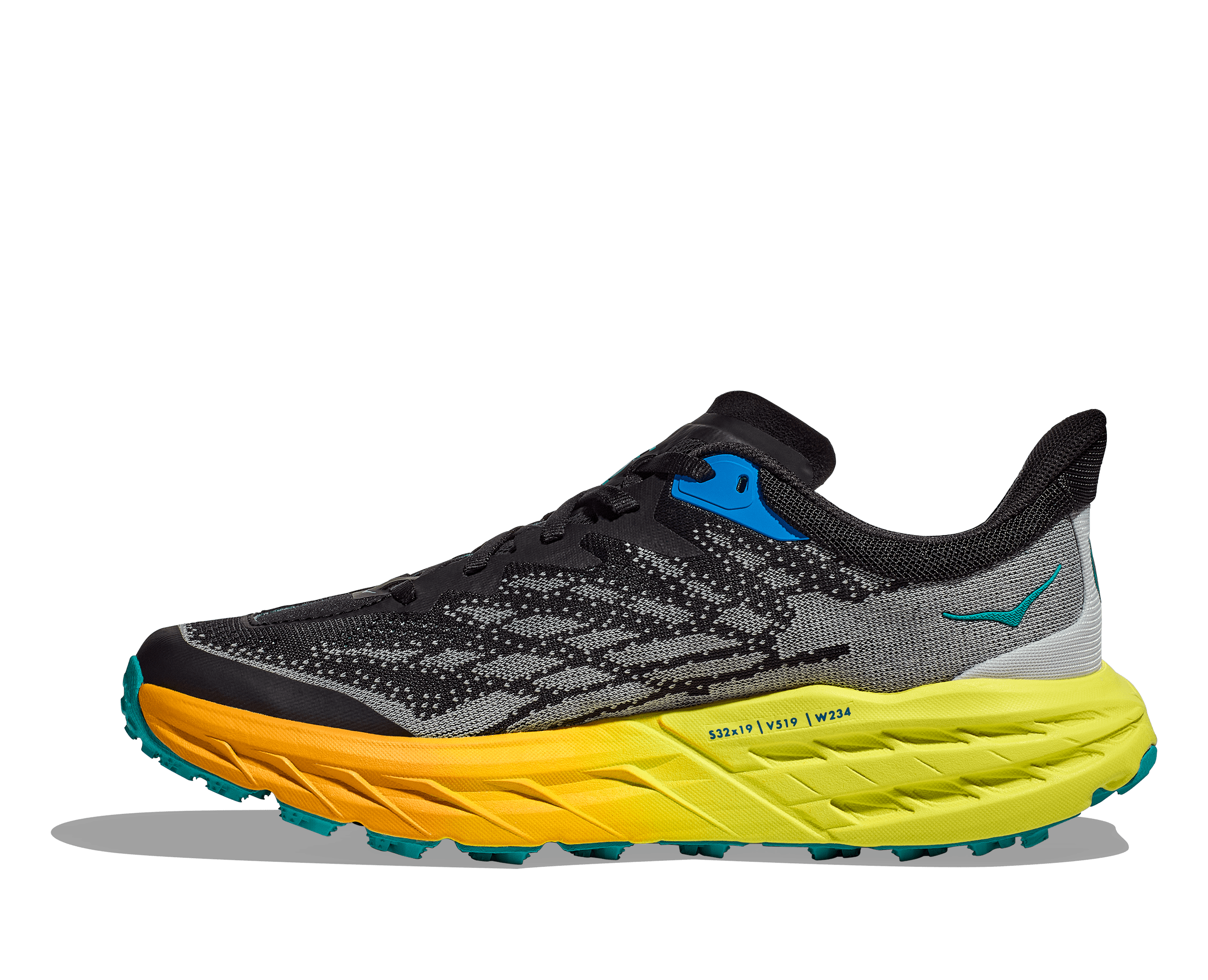 Medial view of the Women's Speedgoat 5 by HOKA in Black/Evening Primrose