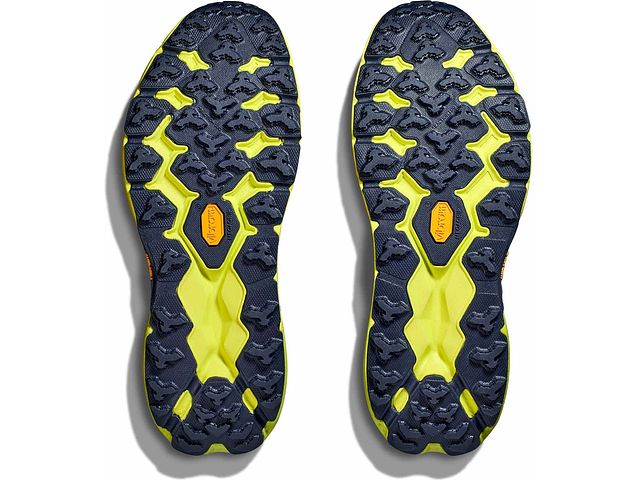 Bottom (outer sole) view of the Men's Speedgoat 5 by HOKA in the color Stone Blue / Dark Citron