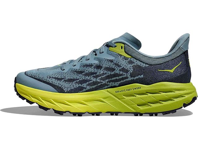 Medial view of the Men's Speedgoat 5 by HOKA in the color Stone Blue / Dark Citron