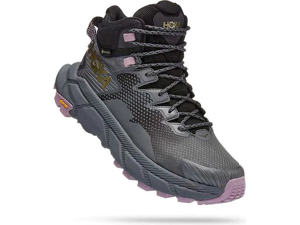 Front angle view of the Women's Trail Code GTX by HOKA in Black/Castlerock