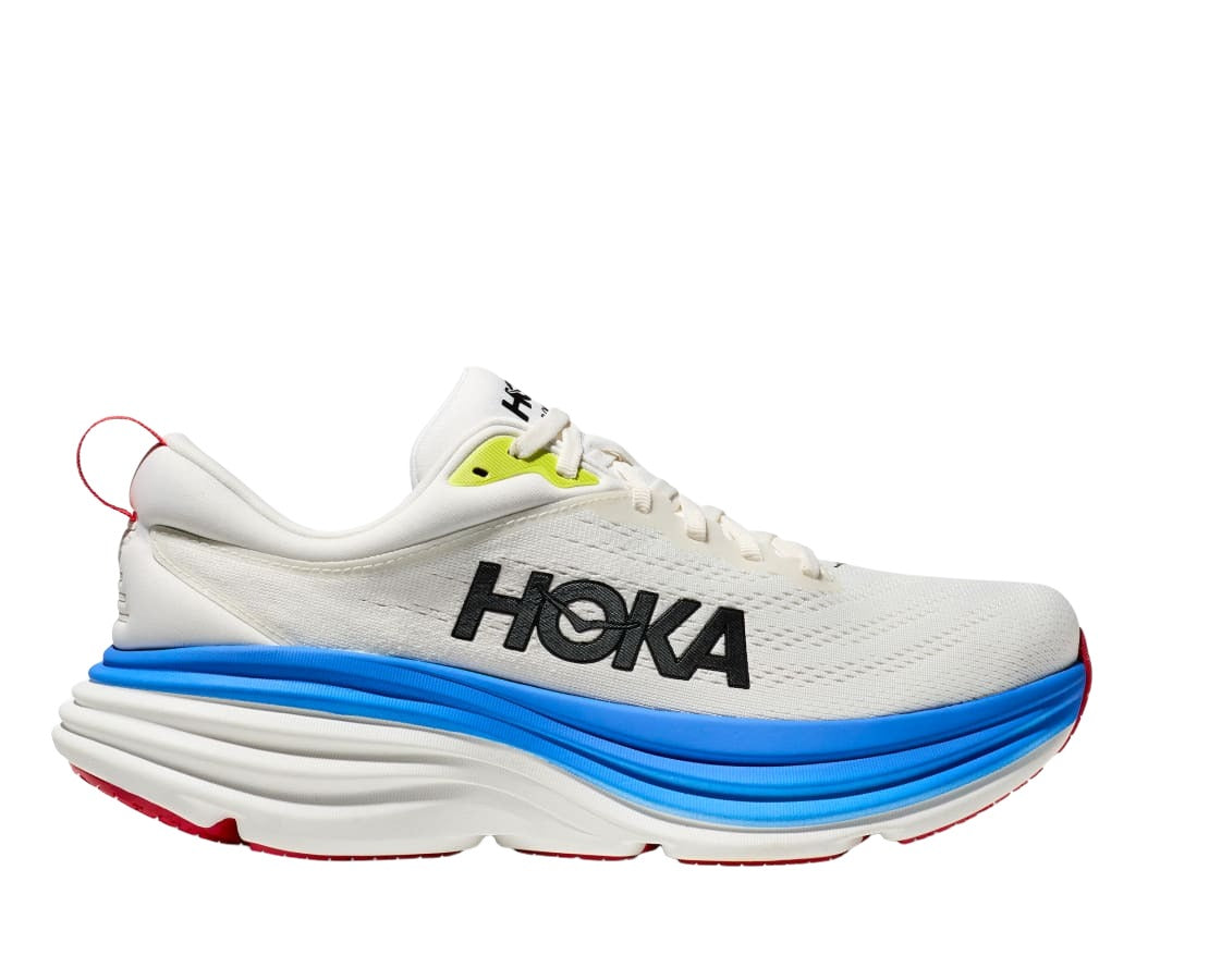 The lateral side of this Hoka Bondi 8 has a big Hoka logo in black and the midsole is blue on top and white underneath