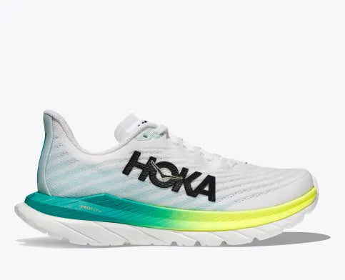 Lateral view of the Women's Mach 5 by HOKA in the color White/Blue Glass