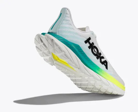 Back angle view of the Women's Mach 5 by HOKA in the color White/Blue Glass