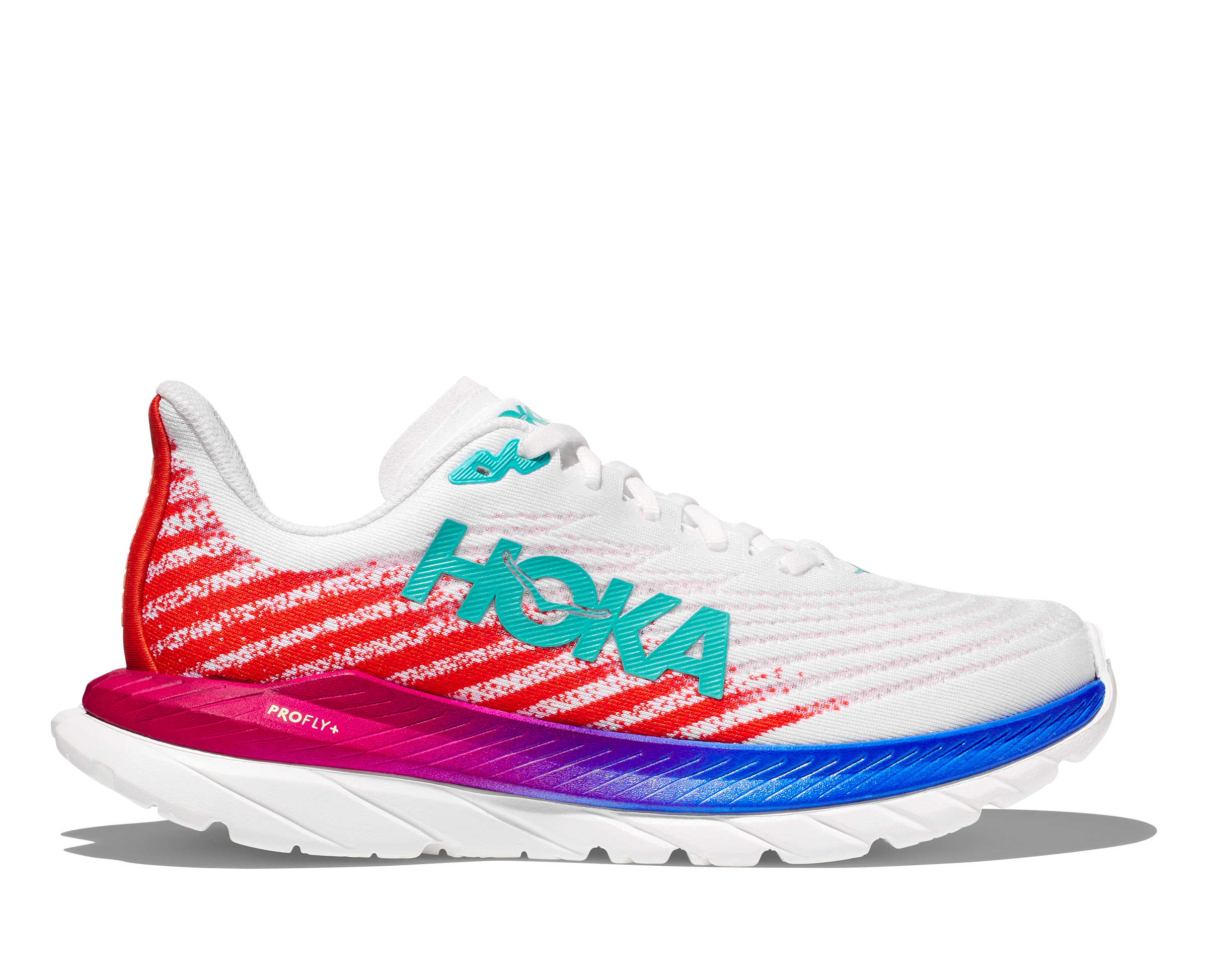 Lateral view of the Women's Mach 5 by HOKA in the color White/Flame