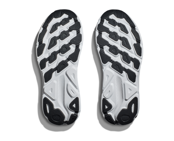 Bottom (outer sole) view of the Men's Clifton 9 by HOKA in the color Nimbus Cloud/Steel Wool