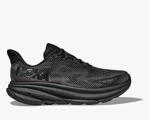 Lateral view of the Women's Clifton 9 by HOKA in the color Black/Black