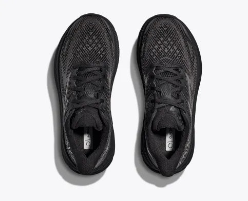 Top view of the Women's Clifton 9 by HOKA in the color Black/Black