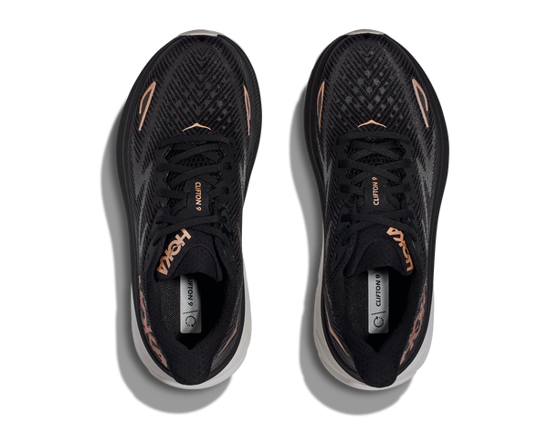 Top view of the Women's Clifton 9 by HOKA in the color Black/Rose Gold