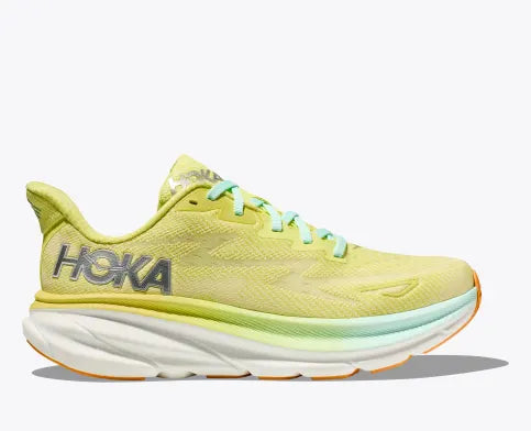 Lateral view of the Women's Clifton 9 by HOKA in the color Citrus Glow/Sunlit Ocean