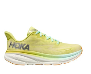 Lateral view of the Women's Clifton 9 by HOKA in the color Citrus Glow/Sunlit Ocean