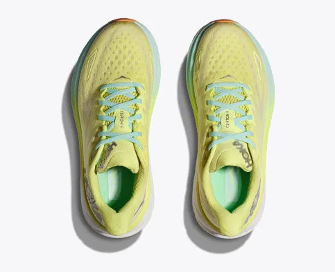 Top view of the Women's Clifton 9 by HOKA in the color Citrus Glow/Sunlit Ocean