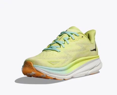 Medial view of the Women's Clifton 9 by HOKA in the color Citrus Glow/Sunlit Ocean