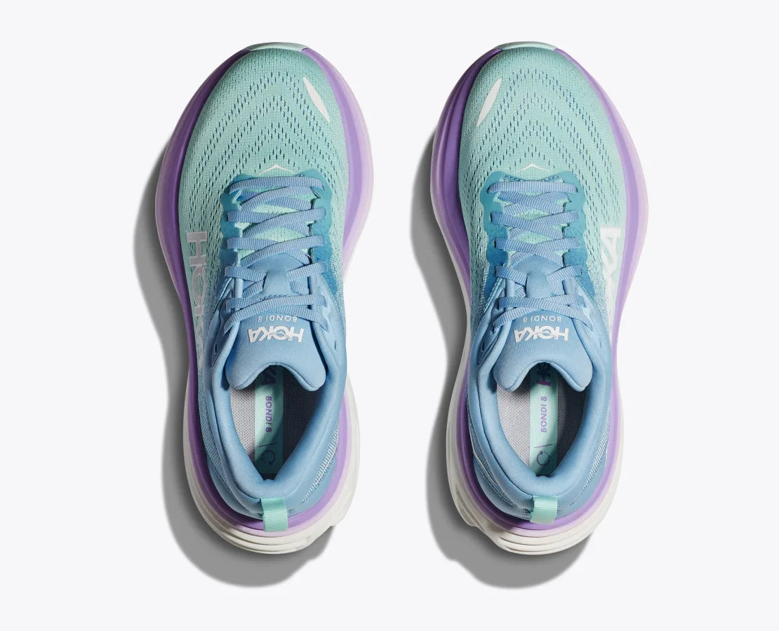 Top view of the Women's Bondi 8 by HOKA in the color Airy Blue/Sunlit Ocean