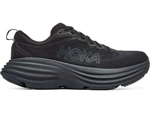This women's Bondi 8 has black laces, a black upper and a black midsole.