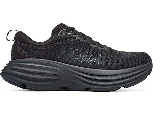 This women's Bondi 8 has black laces, a black upper and a black midsole.