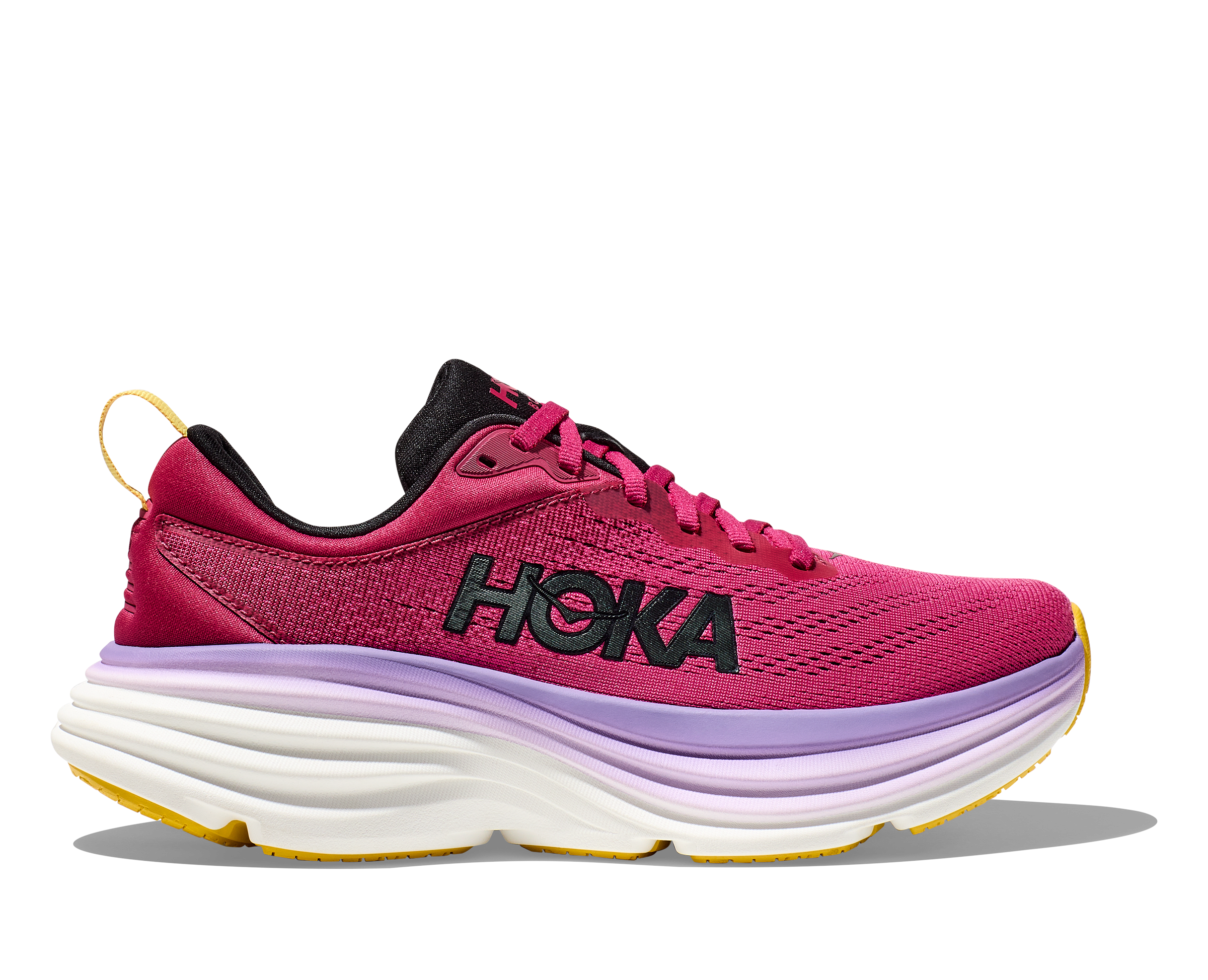 Lateral view of the Women's Bondi 8 by HOKA in the color Cherries Jubilee/Pink Yarrow