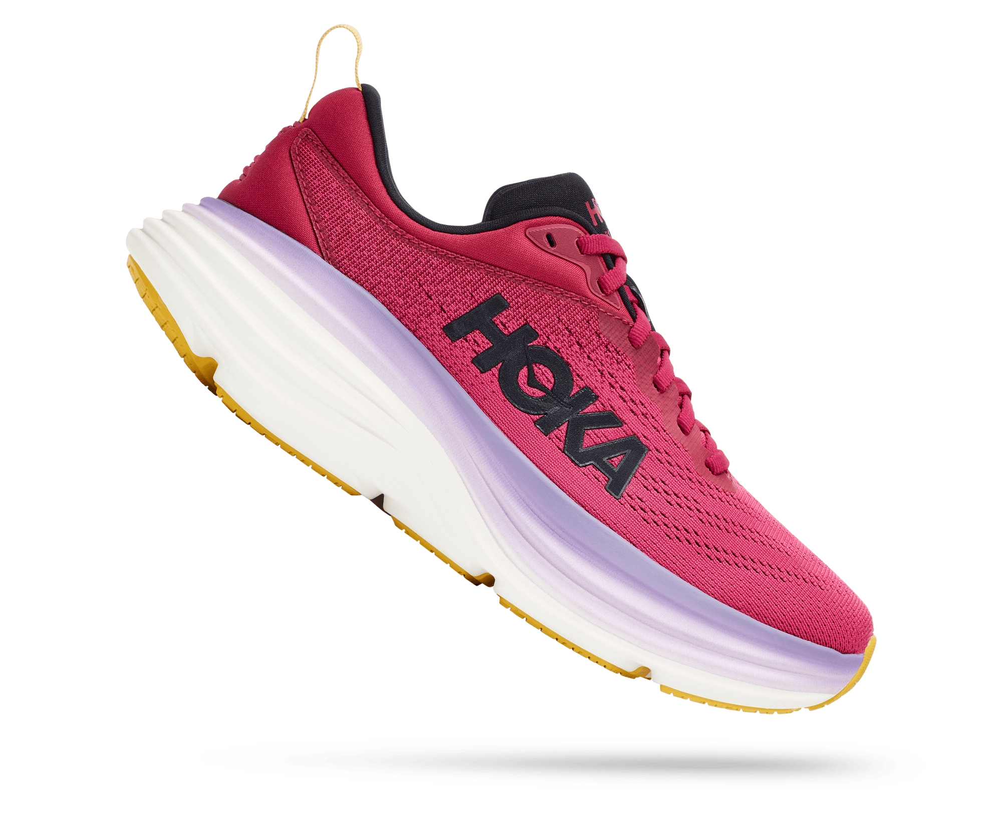 Angled lateral Lateral view of the Women's Bondi 8 by HOKA in the color Cherries Jubilee/Pink Yarrow
