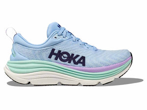 This Gaviota 5 has a light blue upper and a purple, green, and white midsole. 