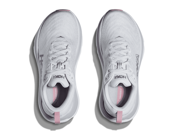 Light grey laces and insoles are used to match the upper. The heels also have pink pull tabs. 