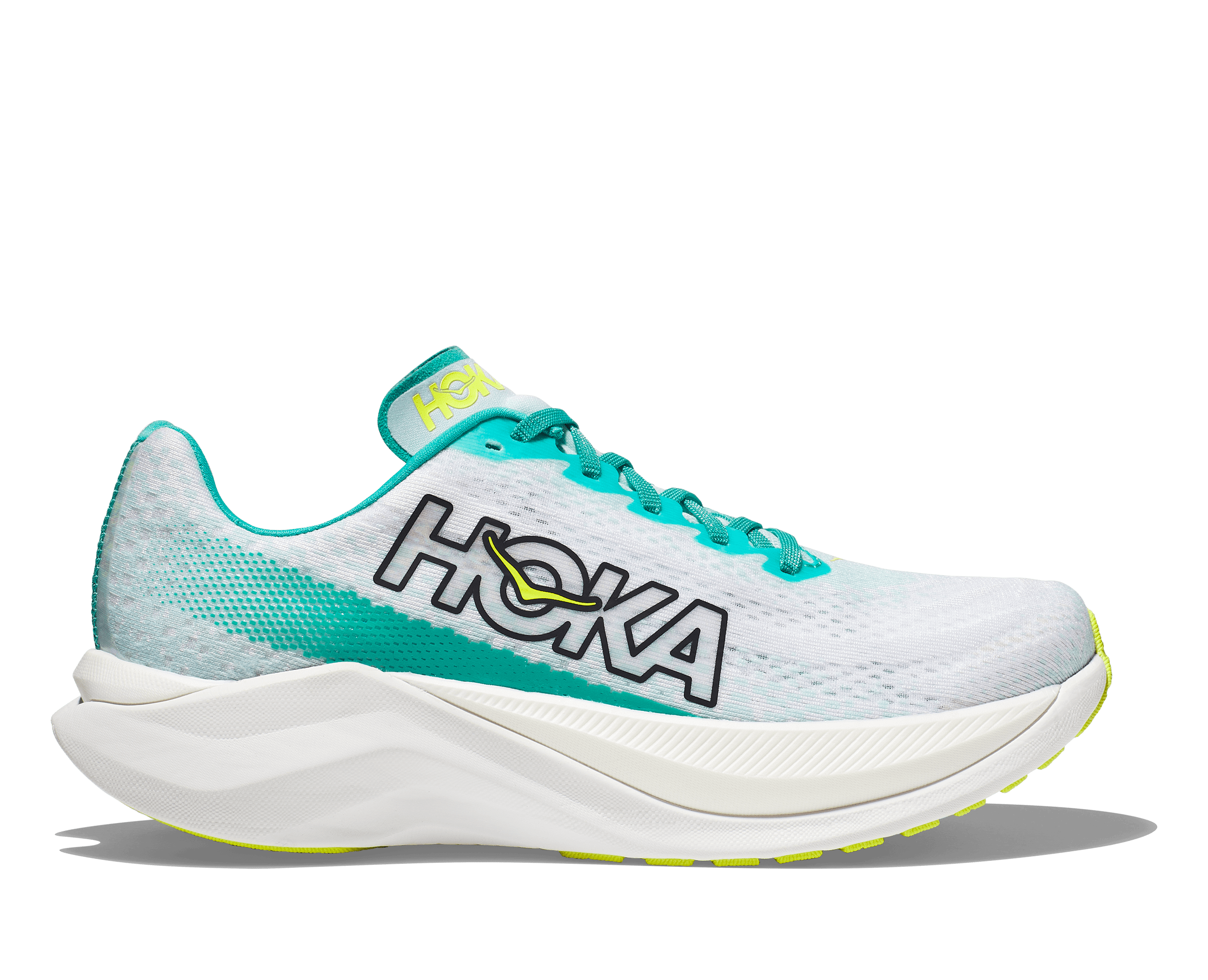 Lateral view of the Men's Mach X from HOKA in the color White/Blue Glass